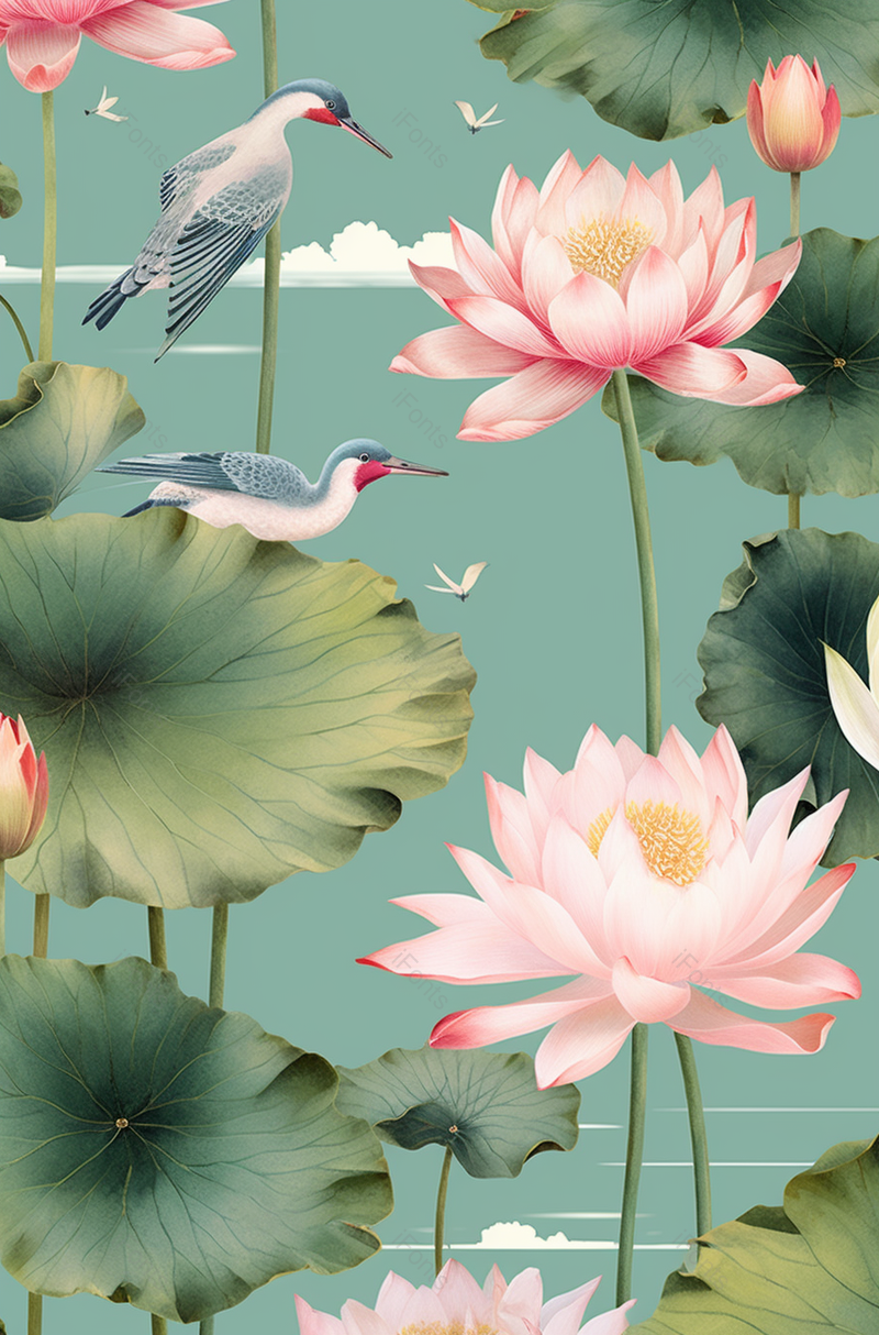 绿色鸟节气荷花荷叶清新插画背景,插画/手绘图,插画/手绘图库,插画/手绘图下载,插画/手绘